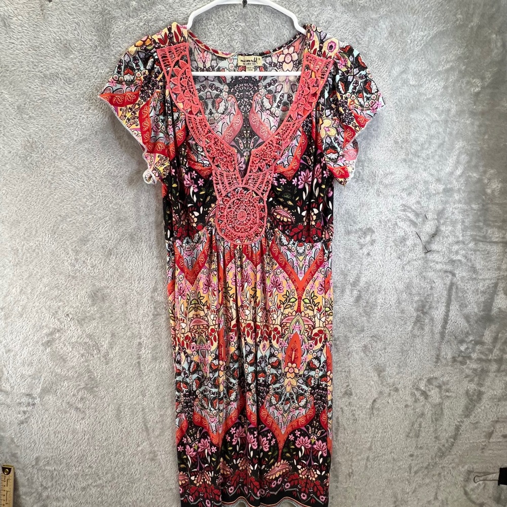 Flowy Boho Paisley Floral Crochet V-Neck Dress Small Festival Peasant Hippie